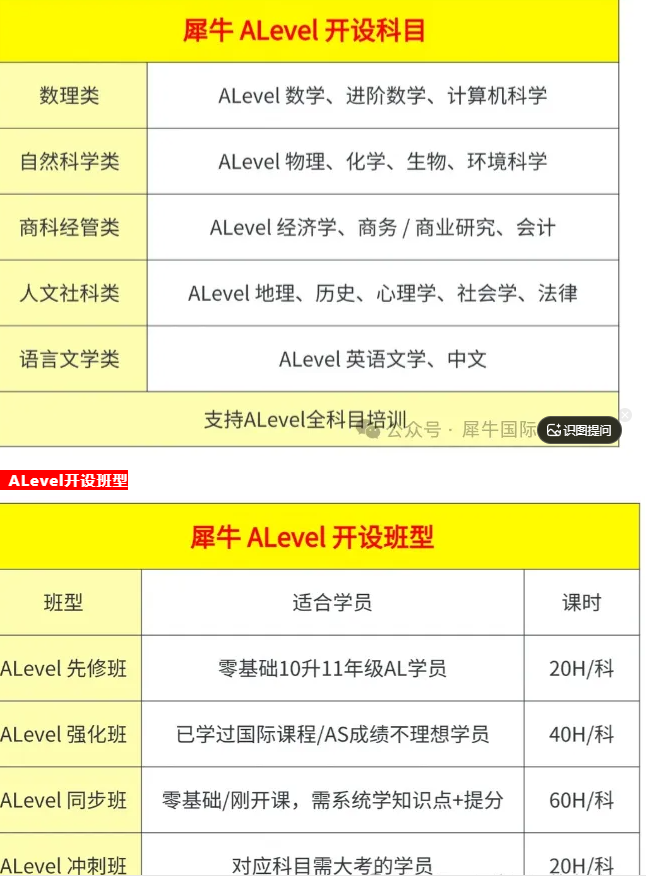 【招生】犀牛 A‑Level 全科目培训班|线上线下同步开班