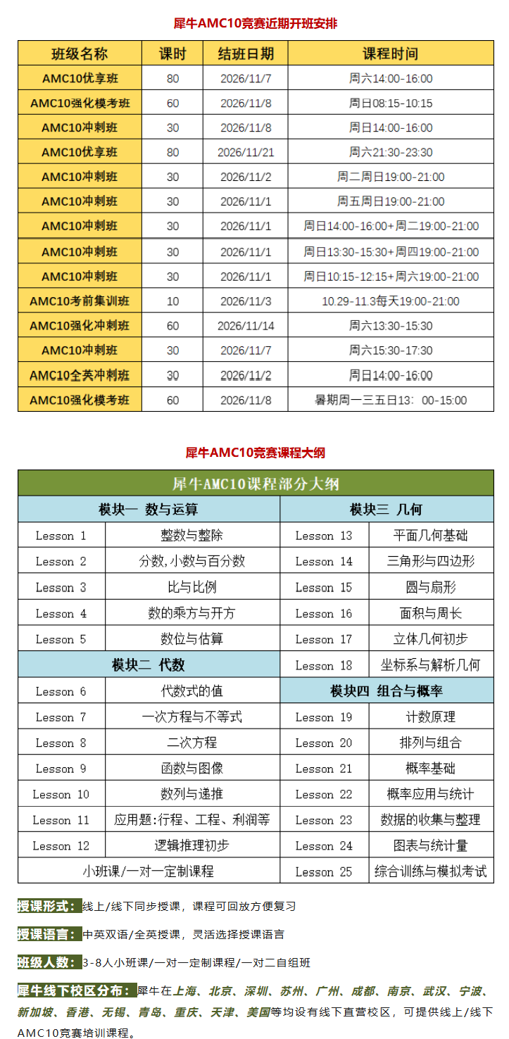 犀牛AMC10强化冲刺班课程安排已出!60h/30h高频考点串讲查漏补缺